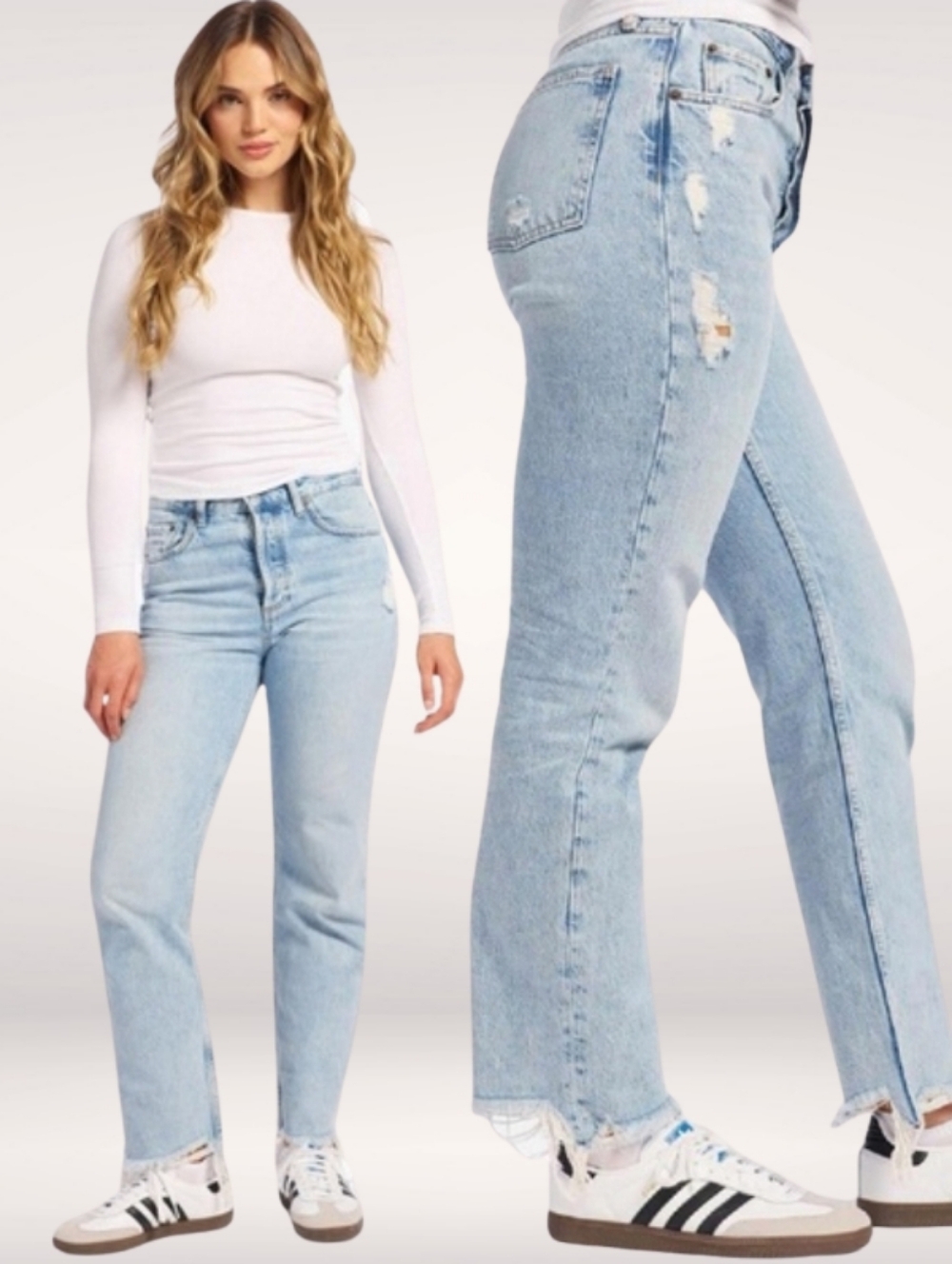 NUUDS The Straight Jeans Light Blue Denim Distressed Frayed Hem Womens 25